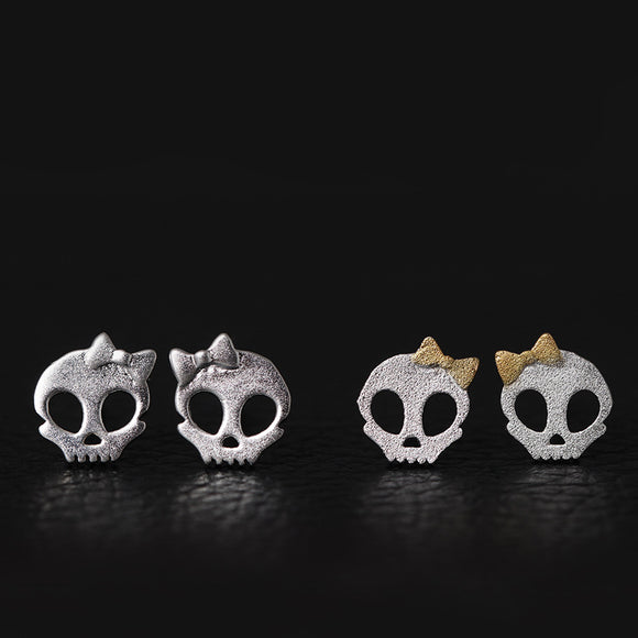 Punk Skull Skeleton Golden Bowknot Ear Stud Vintage Silver Earrings Gift for Girl Women