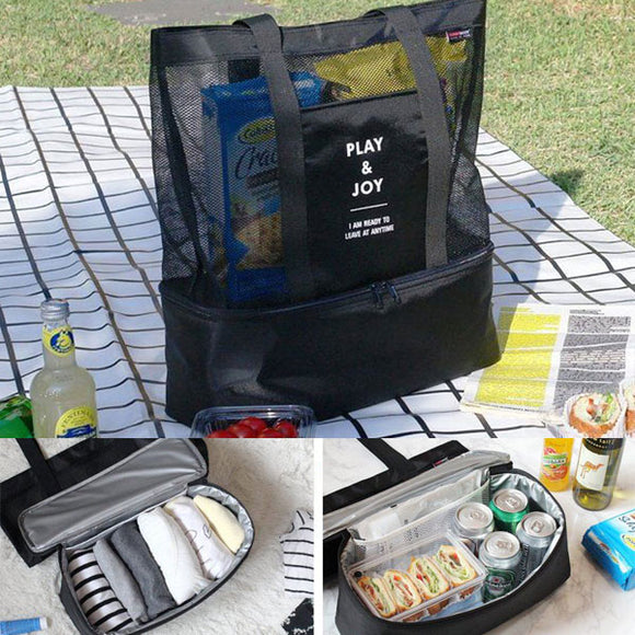 Honana DW-LB2 Handheld Lunch Bag Insulated Cooler Picnic Bag Mesh Beach Tote Bag Food Drink Storage