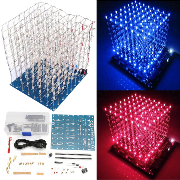 DIY Square 8x8x8 3D Light Electronic Cube Kit Blue Red LED Spectrum Board