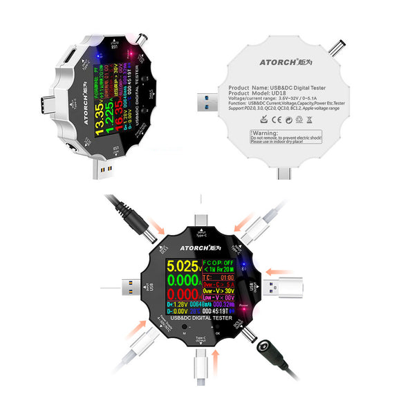 White UD18 USB 3.0 18in1 USB Tester APP DC Digital Voltmeter Ammeter Power Bank Voltage Detector Volt Meter