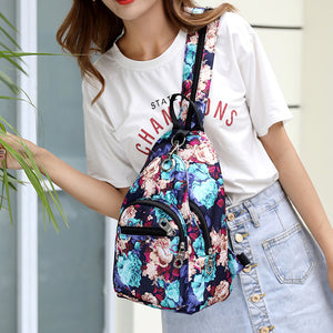 Women Nylon Multifunctional Large Capacity Print Floral  Chest Bag Backpack  Crossbody Bag