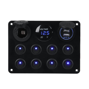 8 Gang 12V Switch Panel 11x15cm For Caravan RV Yacht Blue LED Dual USB + Display