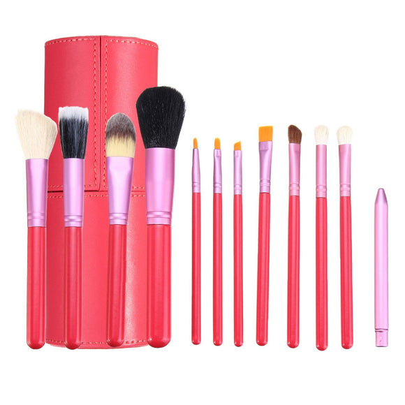 12pcs Pink Makeup Cosmetic Brush Set Blush Eyeliner Brush Cylinder Container Leather Case Aluminum