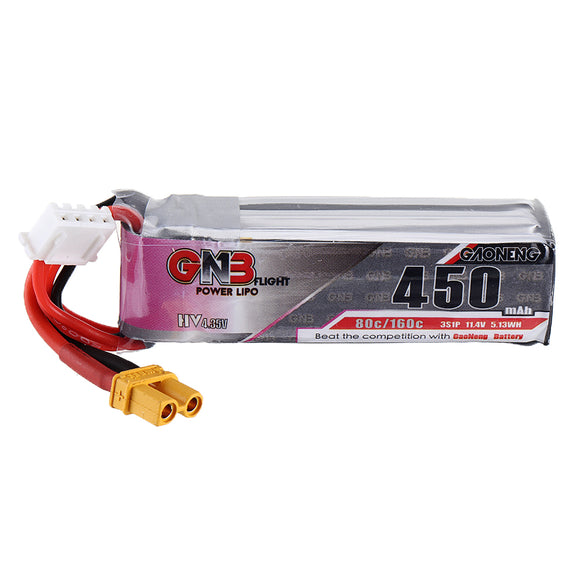 Gaoneng GNB 11.4V 450mAh 80C 3S Lipo Battery XT30 Plug for RC Racing Drone