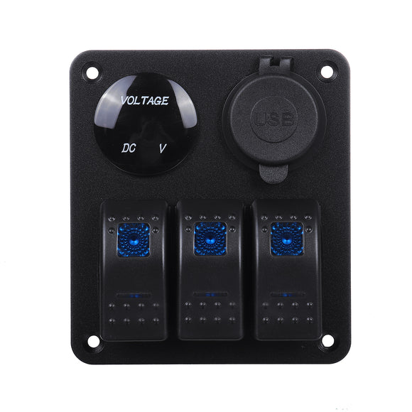 3 Gang Switch Panel Dual USB Car Marine Boat LED Power Socket 12/24V Waterproof